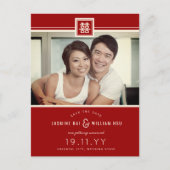 Red Classic Square Double Happy Chinesisches Foto Ankündigungspostkarte (Vorderseite)