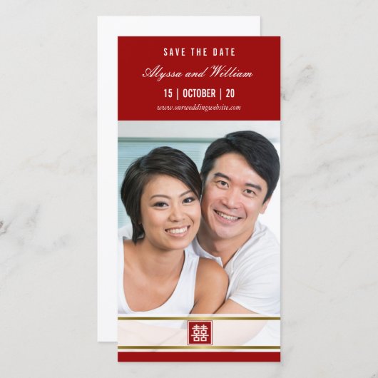 Red Classic Square Double Happy Chinesisches Foto Save The Date (Vorne/Hinten)