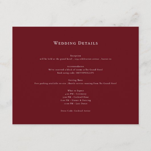 Red Classic Wedding Details Enclosure Card Begleitkarte (Vorderseite)