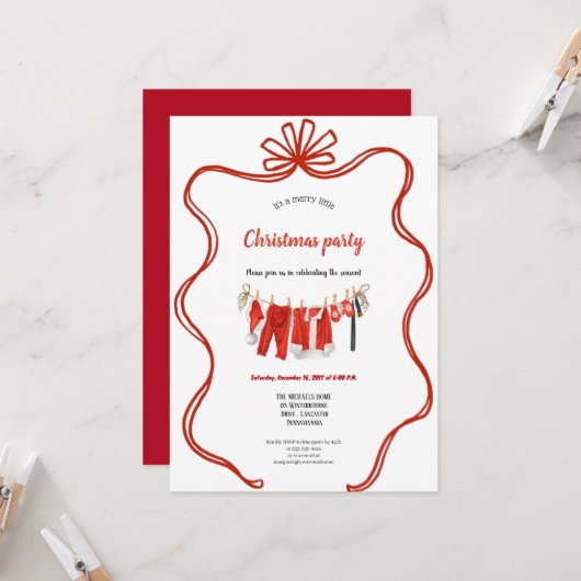 Red clothesline christmas invitation einladung (Vorderseite/Rückseite Beispiel)