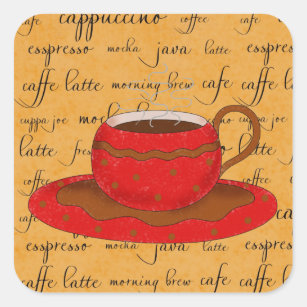 Red Coffee Cup Art auf Gold-Script-Wörtern Quadratischer Aufkleber