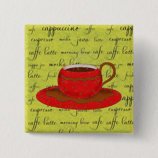 Red Coffee Cup Art on Lime Green Script Wörter Button (Vorderseite)
