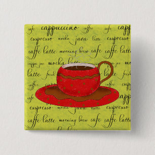 Red Coffee Cup Art on Lime Green Script Wörter Button