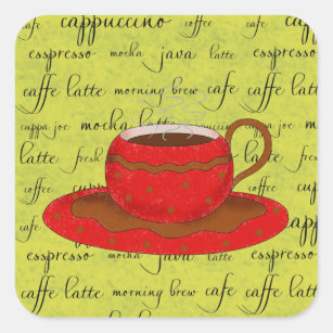 Red Coffee Cup Art on Lime Green Script Wörter Quadratischer Aufkleber