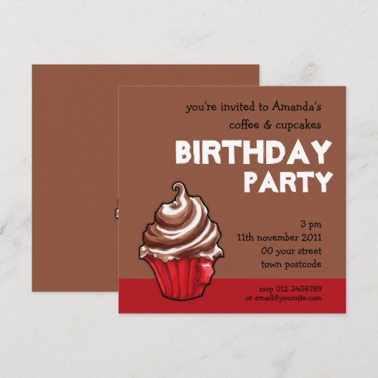 Red Coffee Cupcake Kaffee Geburtstag Einladung (Vorne/Hinten)