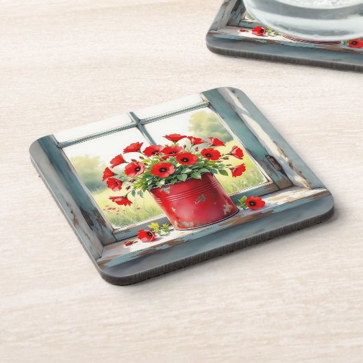 Red Coffee Tin of Red Poppies Getränkeuntersetzer (Linke Seite)