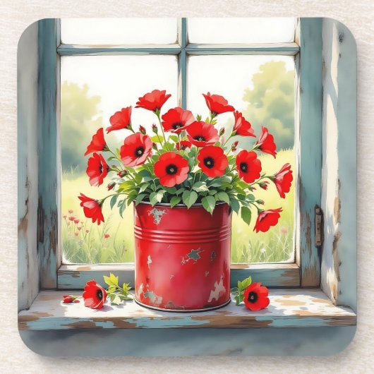 Red Coffee Tin of Red Poppies Getränkeuntersetzer (Vorderseite)