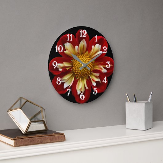 Red Collarette Dahlia auf der schwarzen Flora Große Wanduhr (Büro)