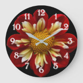 Red Collarette Dahlia auf der schwarzen Flora Große Wanduhr (Vorderseite)
