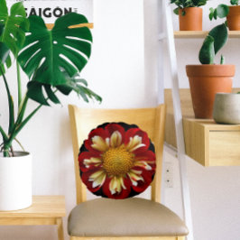 Red Collarette Dahlia Floral on Black Rundes Kissen