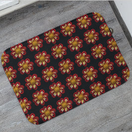 Red Collarette Dahlia Floral Pattern auf Schwarz Badematte