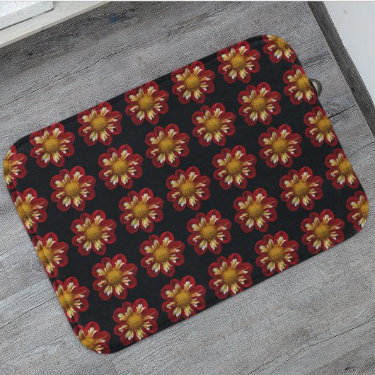 Red Collarette Dahlia Floral Pattern auf Schwarz Badematte