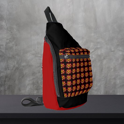 Red Collarette Dahlia Floral Pattern auf Schwarz Crossbody Bag