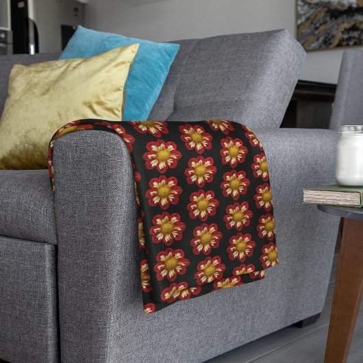 Red Collarette Dahlia Floral Pattern auf Schwarz Fleecedecke