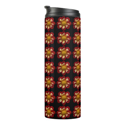 Red Collarette Dahlia Floral Pattern auf Schwarz Thermosbecher (Nach rechts gedreht)