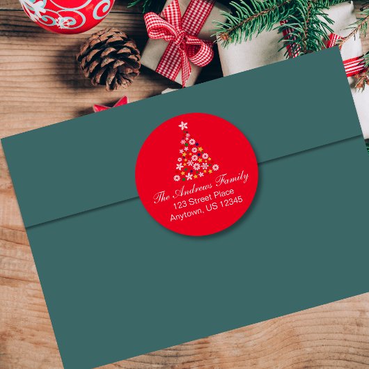 Red Colorful Christmas Tree Round-Address-Label Runder Aufkleber