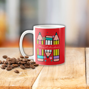 Red Colorful Lehrer Name Bleistift Cartoon Kaffeetasse