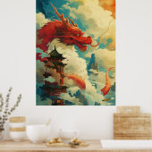 Red Comic Style Chinese Dragon Poster (Küche)