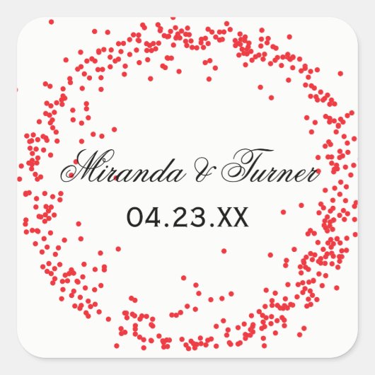 Red Confetti Names & Date - Square Sticker (Vorderseite)