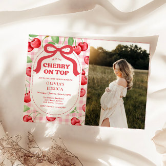 Red Coquette Bow Cherry auf Top Baby Dusche Foto Einladung