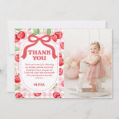 Red Coquette Bow Cherry Birthday Foto Dankeskarte (Vorderseite)