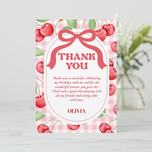 Red Coquette Bow Cherry Dankeskarte (Stehend Vorderseite)