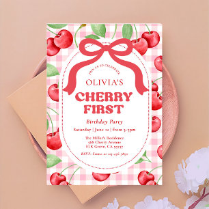 Red Coquette Bow Cherry erste Geburtstagsparty Einladung