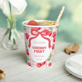 Red Coquette Bow Cherry First Birthday Party Pappbecher
