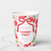 Red Coquette Bow Cherry First Birthday Party Pappbecher (Rückseite)