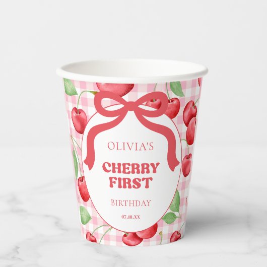 Red Coquette Bow Cherry First Birthday Party Pappbecher (Vorderseite)