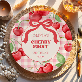 Red Coquette Bow Cherry First Birthday Party Pappteller