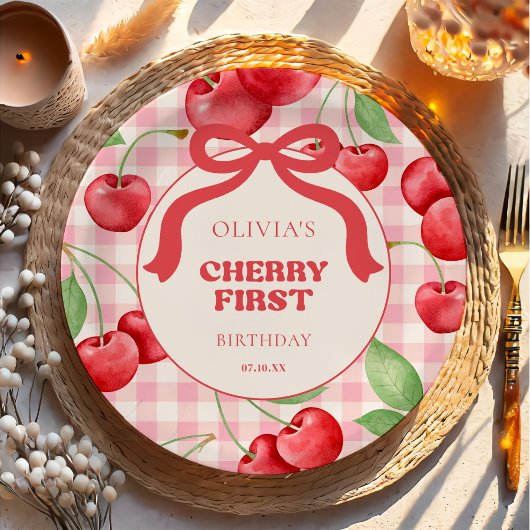 Red Coquette Bow Cherry First Birthday Party Pappteller
