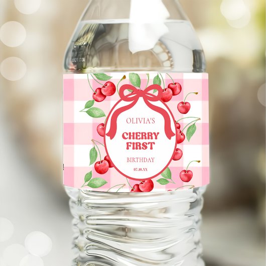 Red Coquette Bow Cherry First Birthday Party Wasserflaschenetikett
