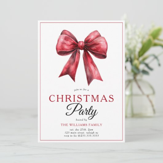Red Coquette Bow Script Weihnachtsbaum Party Einladung (Stehend Vorderseite)