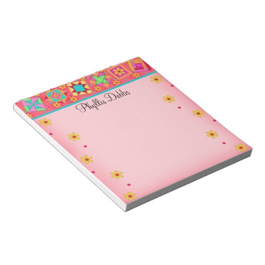 Red Coral Patchwork Quilt Block Art Notizblock (angewinkelt)