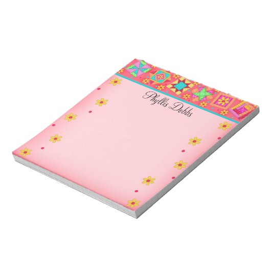 Red Coral Patchwork Quilt Block Art Notizblock (Rotiert)