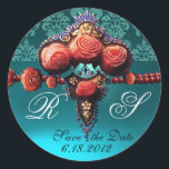RED CORAL ROSES,AQUA BLUE BLACK DAMASK MONOGRAM RUNDER AUFKLEBER<br><div class="desc">Elegant, classy, unique aqua blue, gold flowers, pink coral jewels from "800".with shiny 3D sapphire gem stones .Photograpy, digital elaboration and graphic design by Bulgan Lumini (c) Artistic , cool , modern design, easily customizable with your text and initials as a beach wedding ceremony, nuptial announcement , sweet 16 ,...</div>