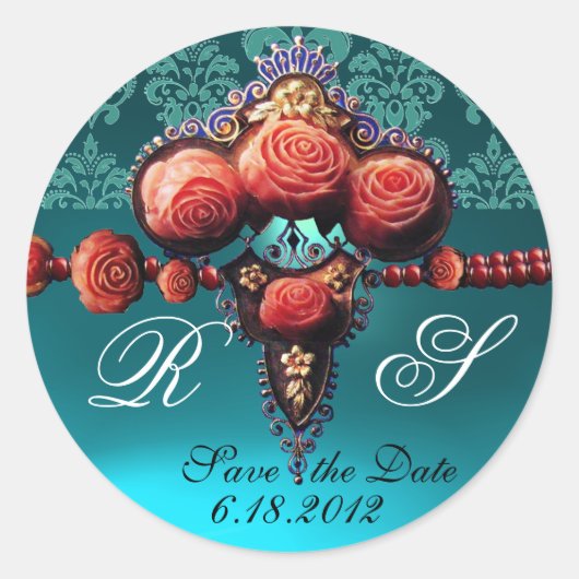 RED CORAL ROSES,AQUA BLUE BLACK DAMASK MONOGRAM RUNDER AUFKLEBER (Vorderseite)