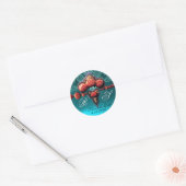 RED CORAL ROSES,AQUA BLUE BLACK DAMASK MONOGRAM RUNDER AUFKLEBER (Umschlag)
