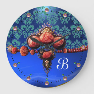 RED CORAL ROSES,BLUE SAPPHIRE DAMASK MONOGRAM GROßE WANDUHR