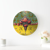 RED CORAL ROSES,BLUE YELLOW TOPAZ DAMASK MONOGRAM GROßE WANDUHR (Zuhause)