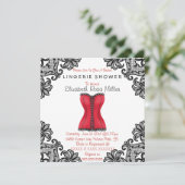 Red Corset & Black Lace Lingerie Brautparty Einladung (Stehend Vorderseite)