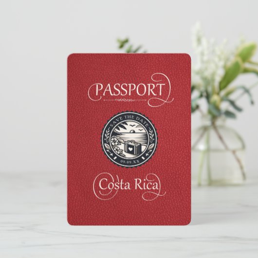 Red Costa Rica Passport Save The Date (Stehend Vorderseite)