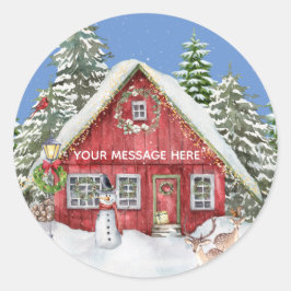 Red Country House Schnee Weihnachtszene Name Runder Aufkleber