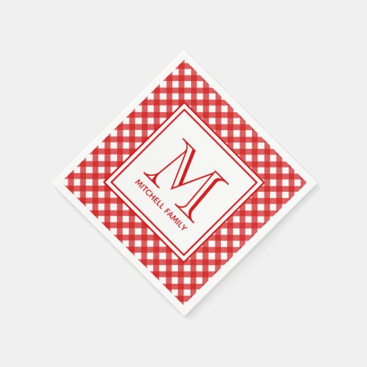 Red Country Style Gingham Pattern Mit Monogramm Serviette (Ecke)