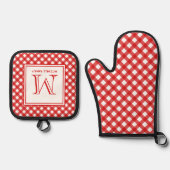 Red Country Style Gingham Pattern Monogram Ofenhandschuh & Topflappen-Set (Vorderseite)