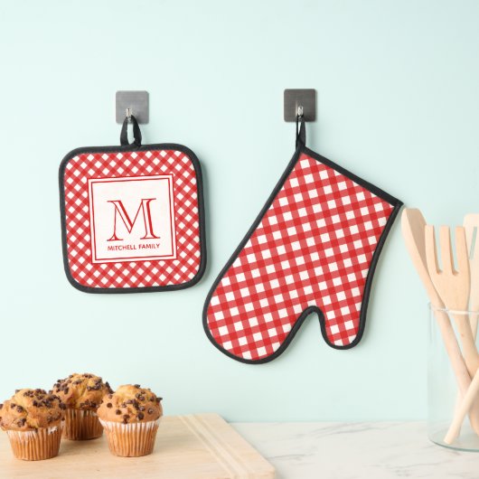 Red Country Style Gingham Pattern Monogram Ofenhandschuh & Topflappen-Set (Insitu (Hängend))