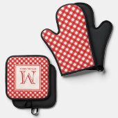 Red Country Style Gingham Pattern Monogram Ofenhandschuh & Topflappen-Set (Vorderseite/Rückseite)