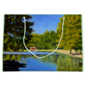 Red Covered Bridge auf Serene Lake in Yellow Blue Große Geschenktüte (Vorderseite)