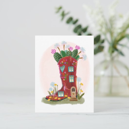 Red Cowboy Boot and Cactus Postcard Postkarte (Stehend Vorderseite)